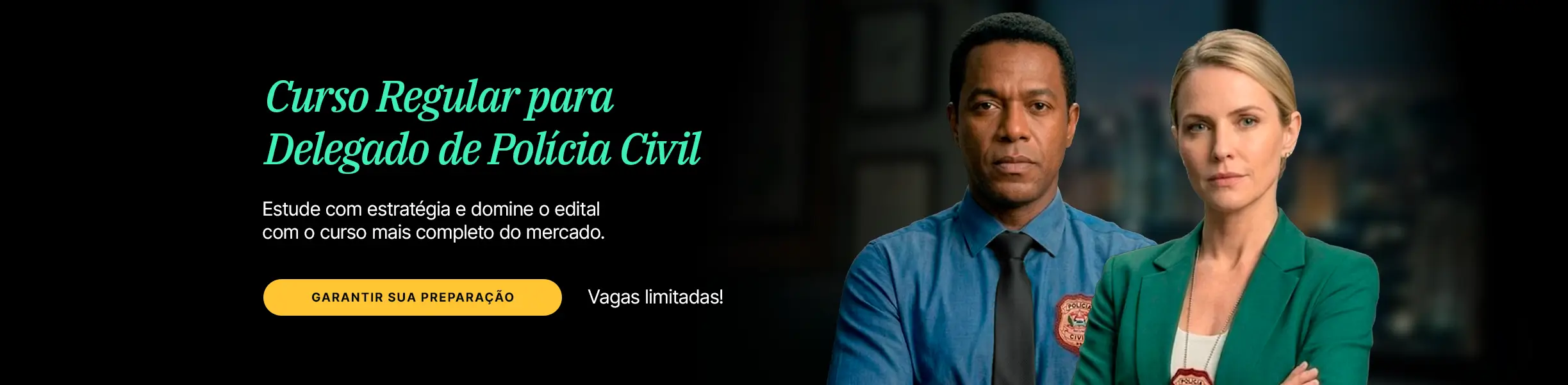Delegacia civil no fundo, com informatimo de Lote 02 Dispon&iacute;vel. Banner sobre o Curso Regular para Delegado de Pol&iacute;cia Civil: a prepara&ccedil;&atilde;o definitiva do Dam&aacute;sio.