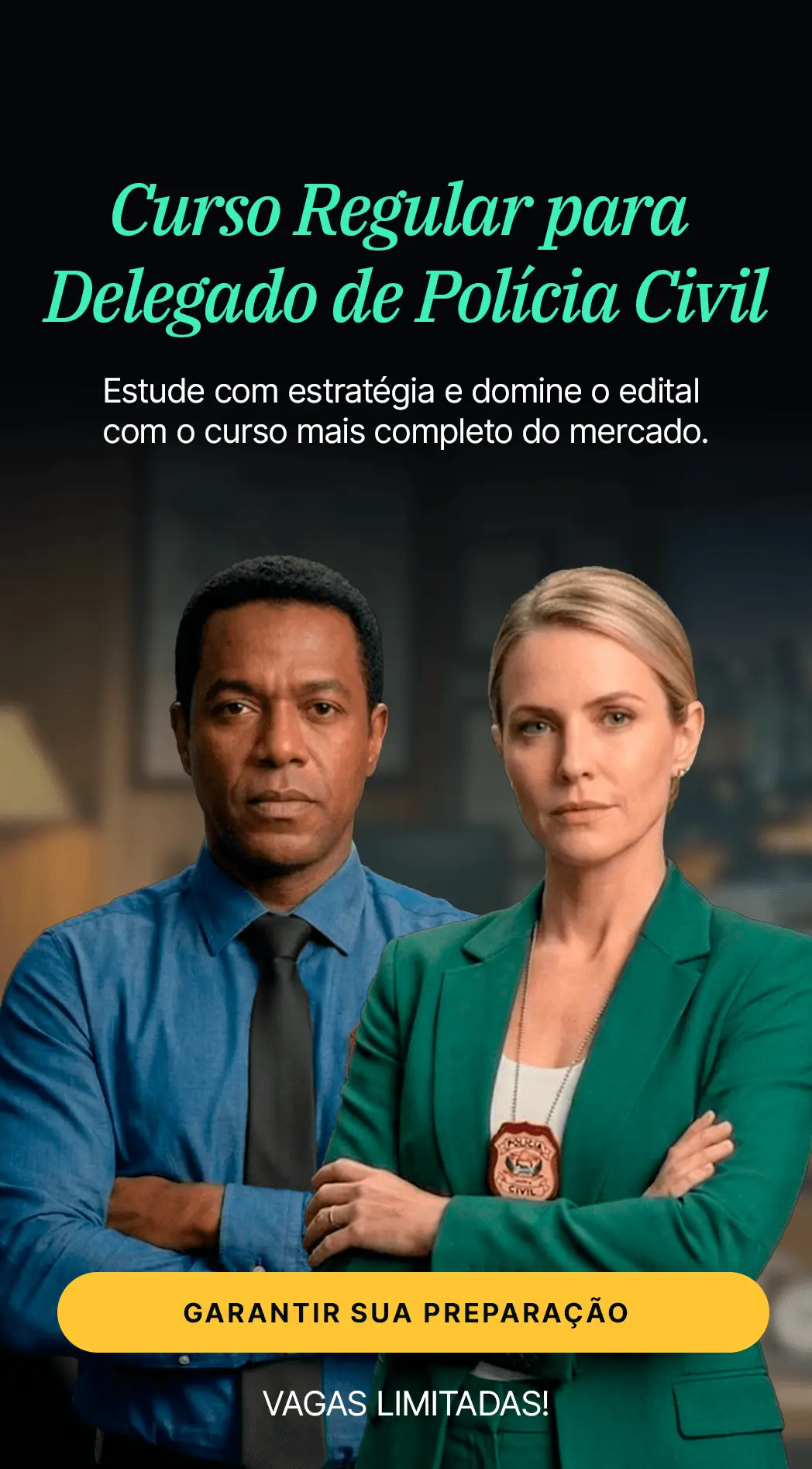 Delegacia civil no fundo, com informatimo de Lote 02 Dispon&iacute;vel. Banner sobre o Curso Regular para Delegado de Pol&iacute;cia Civil: a prepara&ccedil;&atilde;o definitiva do Dam&aacute;sio.
